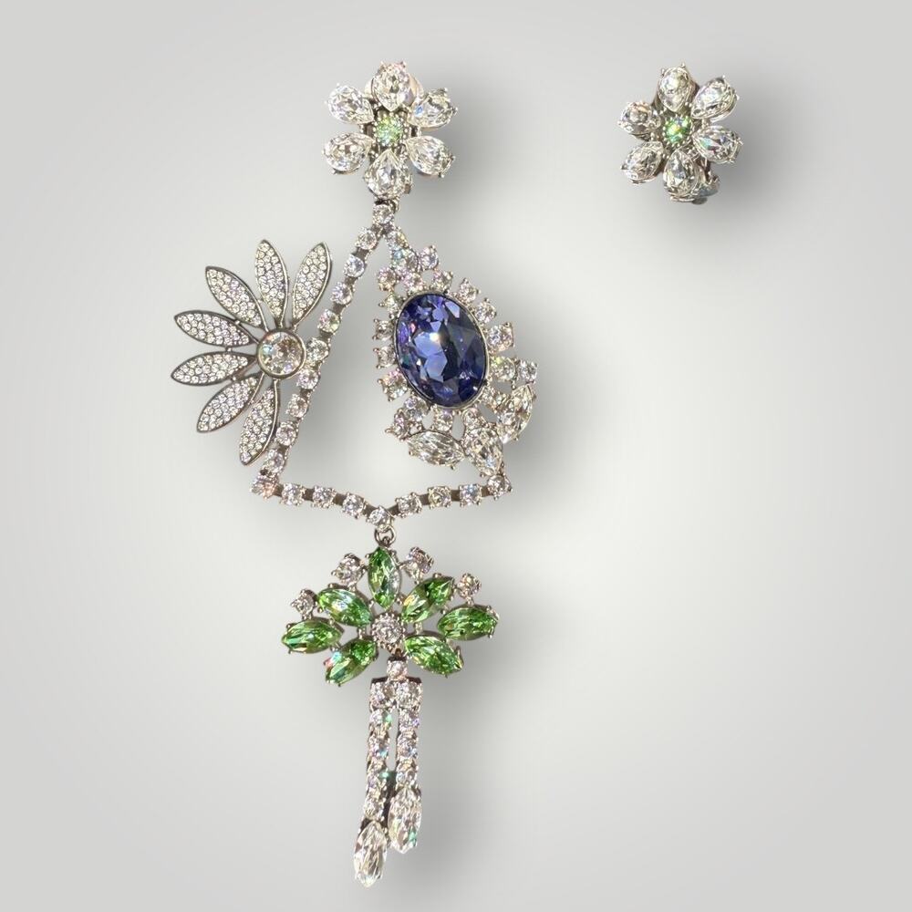 BURBERRY Asymmetrical Crystal Daisy Drop Clip-on Earrings MSRP $995 - Picture 1 of 15